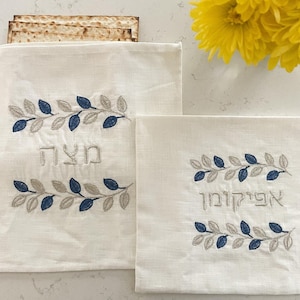 Jewish Gift for Passover Matzah Cover and Afikoman Bag set Pesach Table Set Linen Passover Matazh and Afikoman Silver Blue Jewish Hostess