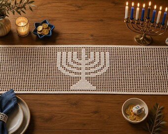 Jewish decor Crochet Hanukkah Table Runner, Menorah Table Runner,  Crochet Runner, Jewish Table Decor, Handmade Judaica, Holiday Centerpiece