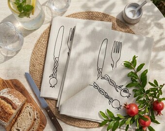 Cadeau d'inspiration vintage juive pour Shabbat : 4 serviettes en coton brodées à la main en noir, cadeau de mariage, décoration pour une fête prénuptiale ou un Nouvel An.