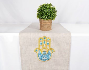 Hamsa Decoration,Natural Linen Table Runner,Hamsa,Table Decoration,Jewish Celebrations ,Jewish Home Decor,Golden Hamsa,Jewish Hostess Gift