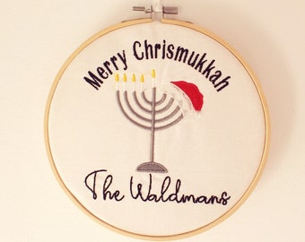 Mixed Faith Hanukkah Decoration,Personakized Chrismukkah Hanukkah Hooped Embroidery Wall Hanging,Menorah Santa Hooped Wall Hanging,Hanukkah