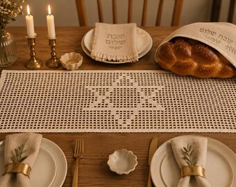 Jewish decor Crochet Hanukkah Table Runner, Menorah Table Runner,  Crochet Runner, Jewish Table Decor, Handmade Judaica, Holiday Centerpiece