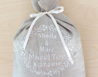 Hochzeitsgeschenk für jüdisches Paar Hochzeit Dusche Geschenk für das Brechen der Glaszeremonie Naturleinen Smash Tasche personalisiert für jüdischen Bräutigam