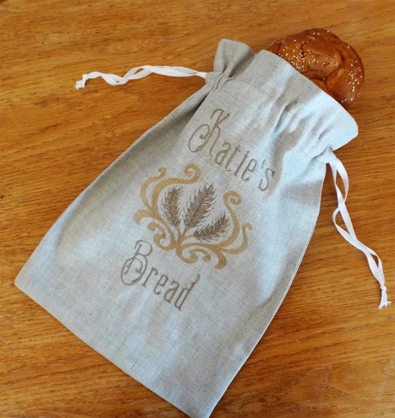 Natural Linen Bread Bag,Personalized, Embroidered ,Reusable bread keeper,Home made bread,Hostess Gift,Fabric Bread Storage Bag, Wheat