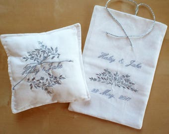 Chuppah Ring Pillow and  Breaking Glass Bag Set Personalized Groom Jewish Wedding Ivory and Silver Jewish Couple Gift Groon Glass Bag