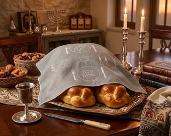 Jewish Vintage Inspired Gift For Shabbat Challah Cover Hand Embroidered In Ivory On Natural beig Linen Hebrew Script Wedding Gift Wedding