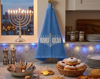 Hanukkah Kitchen Towel,Embroidered Hanukkah Tea Towle Blue Cotton Waffle Weave,Hanukkah Hand Towel,Hanukkah Tea Towel,Hanukkah Dish Towel