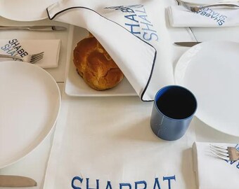 Shabbat Shalom Table Runner Gift ForJewish Hostess Gift ForJewish Wedding Embroidered Ivory Blue Table Scape Jewish Celebration Jewish Gift