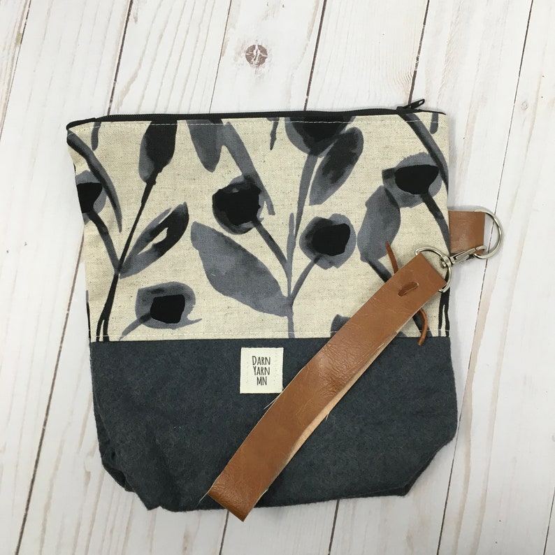 Brushed floral regular Knit and Crochet project bag linen canvas and wool blend