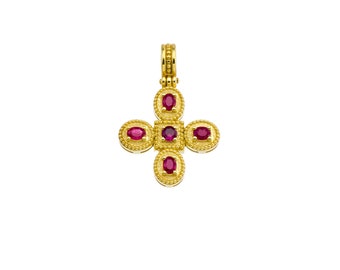 Byzantine Ruby Cross Pendant 18k Yellow Gold