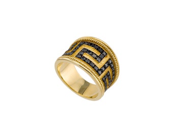 Greek Key Band Ring 18k Yellow Gold with Diamonds Ancient Greek Jewelry