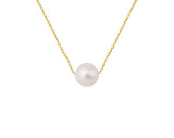 Parthenon 9mm Cultured freshwater white pearl necklace Gold Pearl Necklace, White Pearl, Single Pearl Choker, Pearl Necklace, Single Pearl,