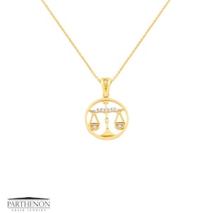 14k Gold Libra Zodiac Pendant Necklace with Zircon