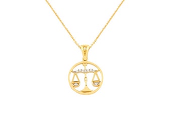 Gold Zodiac sign Libra Pendant Necklace, Zodiac Necklace,Astrology pendant,Solid Gold, Zircon, Pendant necklace