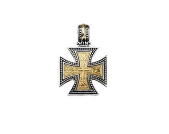 Maltese Men’s Cross Pendant 18k Yellow Gold and Sterling Silver 925