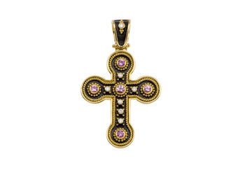 Sapphire Byzantine Cross Pendant 18k Yellow Gold