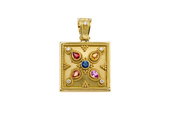 Byzantine Square Pendant with Multi Colored Stones in 18k Gold
