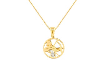 14k Solid Gold Sagittarius Zodiac Pendant Necklace with Zircon