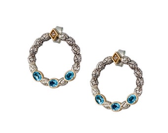 Triple Stone Medium Stud Earrings with 18k Yellow Gold and Silver 925