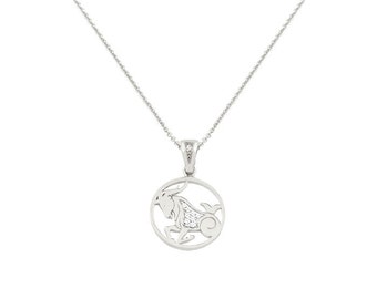 14k Solid Gold Capricorn Zodiac Pendant Necklace with Zircon