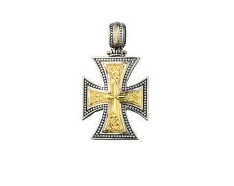 Maltese Men’s Cross Pendant 18k Yellow Gold and Sterling Silver 925