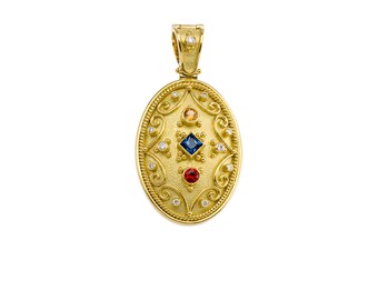 Byzantine Oval Pendant with Multi Colored Stones in 18k Gold