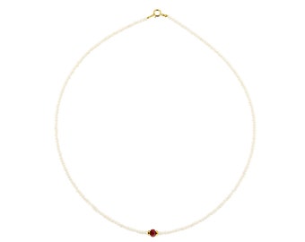 Necklace for Girls with Freshwater pearls, Ruby 3.5 - 4mm and gold elements K14