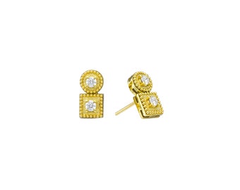 Diamonds Byzantine Stud Earrings 18k Gold Handmade Greek