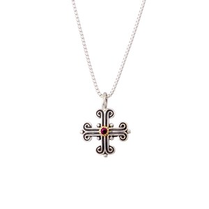 Byzantine cross in k18 Yellow Gold and sterling silver with ruby