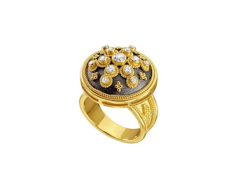 Diamonds Byzantine Round Ring 18k yellow Solid Gold