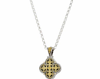 Men’s Filigree Cross Pendant Byzantine 18k Yellow Gold and Sterling Silver 925