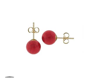 14k Yellow Gold 7.5-8mm Red Natural Coral Ball Stud Earrings,Gold Studs, Gemstone Stud Earrings