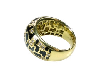 Diamonds Greek Key Band Ring 18k Solid Gold, Black Enamel Ring,