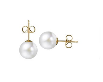 Freshwater Pearl Cultured 7mm Stud Earrings,14k Solid Yellow Gold Unique Pearl Stud Earrings,Gold Studs, Ball Pearls