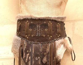 Distressed Leather Gladiator Belt: Fur skirt, Viking Cosplay Armor