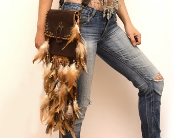 Dark Brown Leather Feather Fringe Bag: Shaman Festival pouch