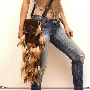 Dark Brown Leather Feather Fringe Bag: Shaman Festival Accessory