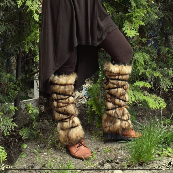 Faux fur Medieval leg warmers,  Viking boot covers toppers, Ren Fair leggings, Costume LARP shoe covers, cosplay, leather leg bands