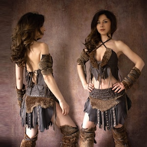 Gladiator fur leather skirt, Warrior over skirt, Fantasy fur belt, leather hip skirt, Burning Man loincloth, Medieval, Viking, pagan skirt