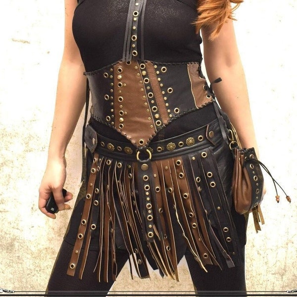 Warrior Leather over skirt, Fantasy fringed belt, Gladiator skirt, feather hip skirt, Burning Man loincloth, Medieval, Viking, pagan skirt