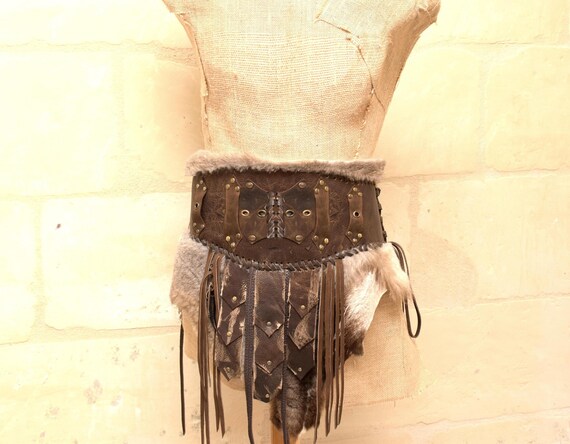 Distressed Leather Gladiator Belt: Fur Skirt, Viking Cosplay  display picture 2