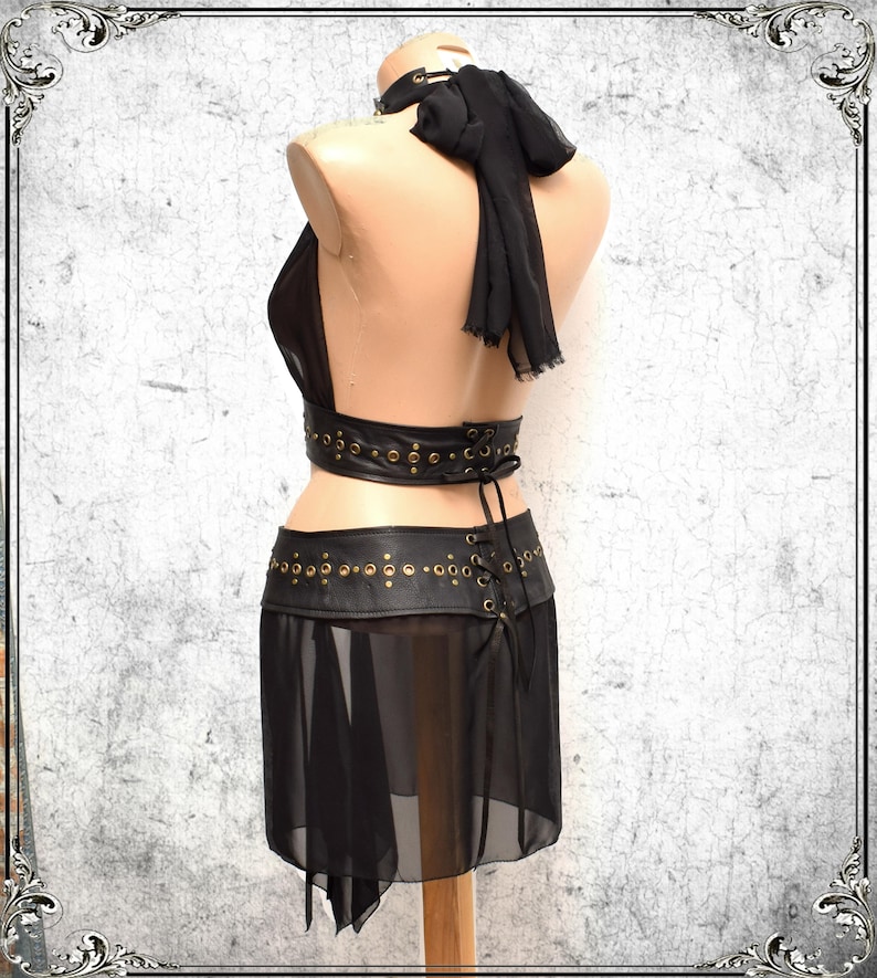 Party playa skirt Burning Man sheer skirt Goth Leather chiffon Rave Witches fetish bdsm skirt festival belt see trough Burlesque skirt belt