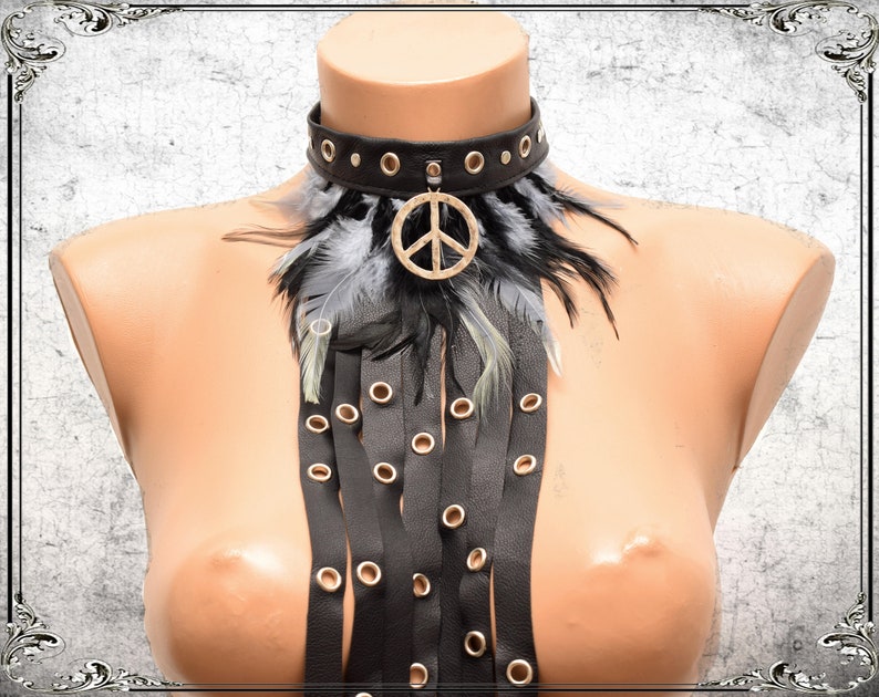 Tribal fusion leather choker Fringe feathers statement  choker Bib Necklace Black Goth Leather party collar Rock Clubwear Long Statement