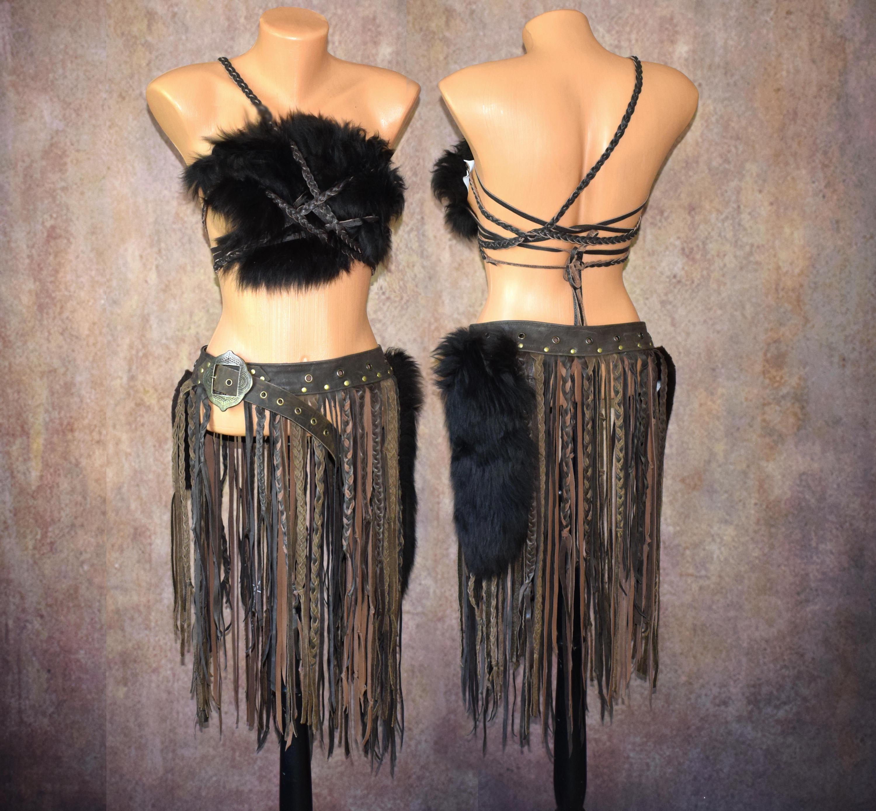 Fringed Long Leather Belt, Braided Post Apocalyptic Waist Belt