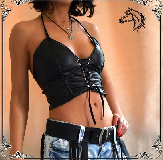 Leather Halter Bra Top, Leather Biker Top, Pagan Bra, Leather