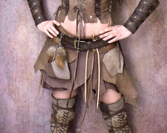 Conan barbarian ragged skirt, Woodland leather skirt, Post apocalyptic skirt, asymmetric warrior, fur leather skirt, Medieval leather skirt