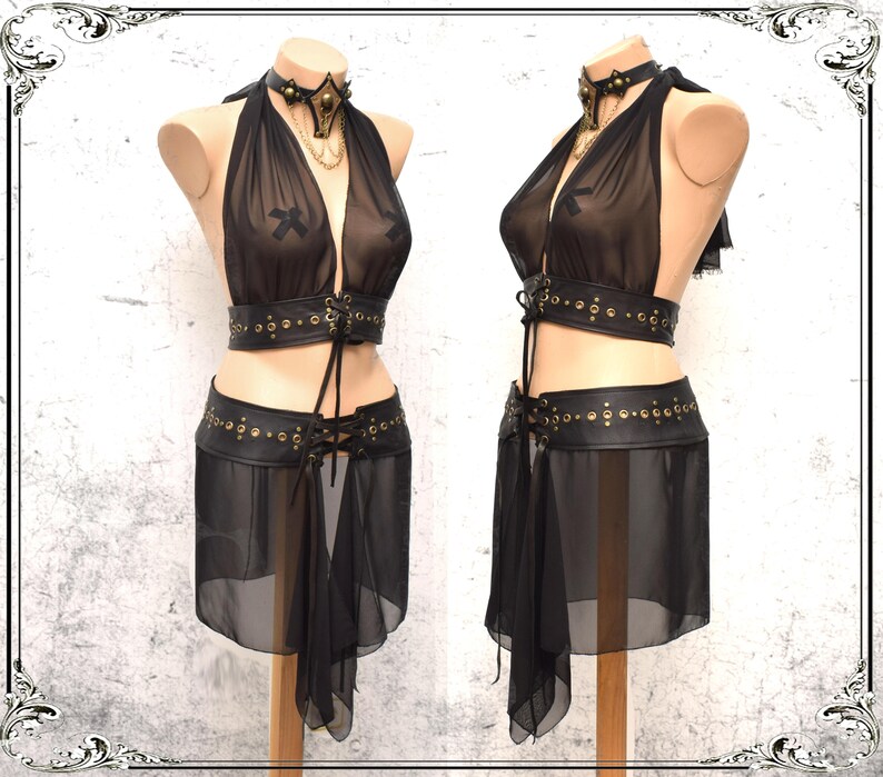 Party playa skirt Burning Man sheer skirt Goth Leather chiffon Rave Witches fetish bdsm skirt festival belt see trough Burlesque skirt belt