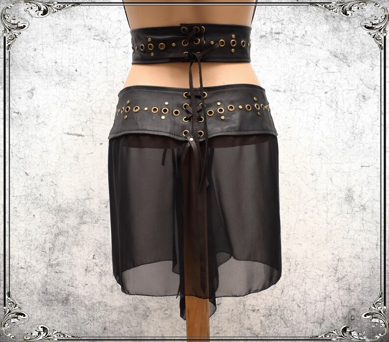 Party playa skirt Burning Man sheer skirt Goth Leather chiffon Rave Witches fetish bdsm skirt festival belt see trough Burlesque skirt belt