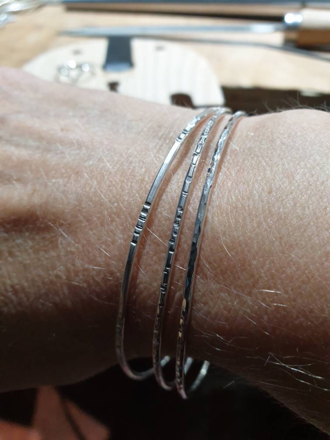 Hammered Stacking Bangle Set - Solid Silver Bangles - Textured Bangle ...