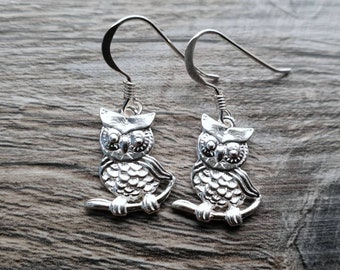 Sterling Silver owl earrings, perched bird dangle earrings